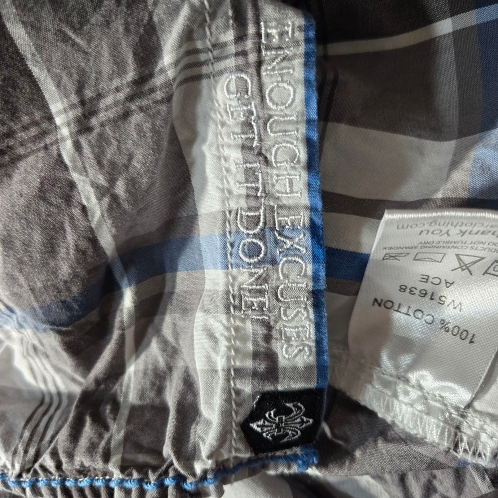 Roar Embroidered Button Down Shirt Grey Blue Plaid Men Large Buckle Graphic Back - Picture 4 of 10